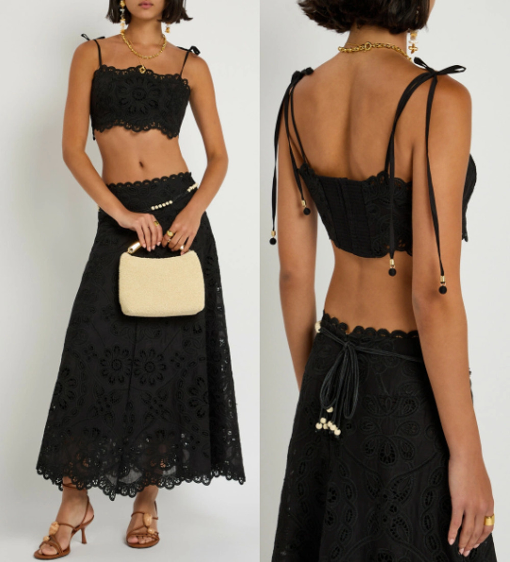 Zimmermann Rhiannon Embroidered Tie Shoulder Lace Cropped Top Black Womens 2/M